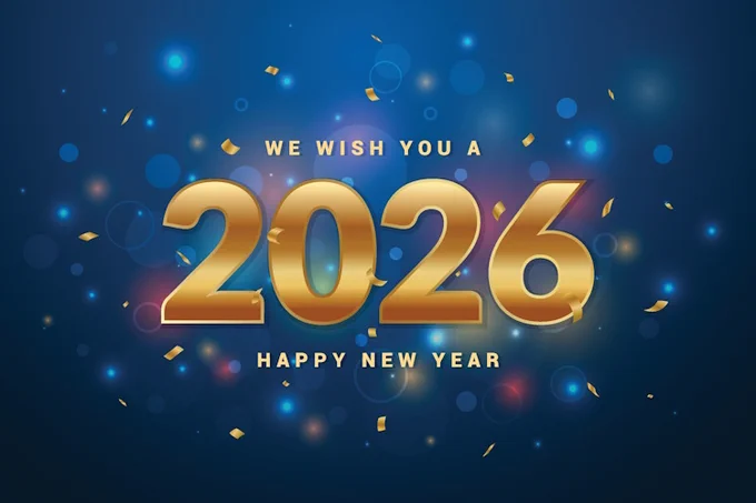 A festive blue graphic featuring gold confetti and large gold "2026" text. The text on the image reads: "We wish you a Happy New Year. Our office will be closed Wednesday through Friday, December 31st, January 1st, and 2nd. We will open again on Monday, January 5th".