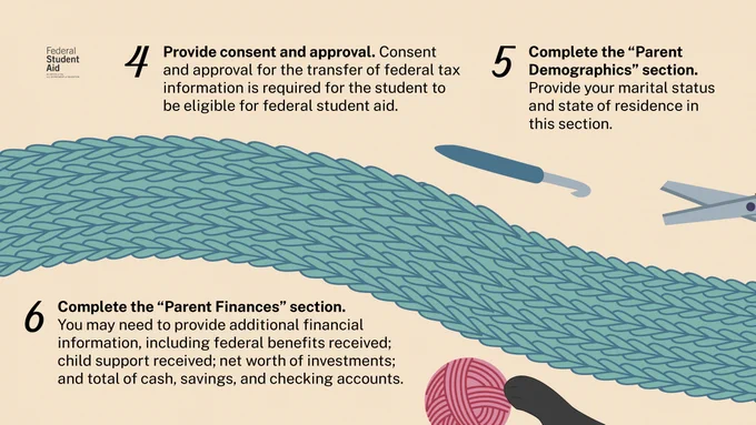 4. Provide consent and approval. Consent and approval for the transfer of federal tax information is required for the student to be eligible for federal student aid. 
5. Complete the “Parent Demographics” section. Provide your marital status and state of residence in this section. 
6. Complete the “Parent Finances” section. You may need to provide additional financial information, including federal benefits received; child support received; net worth of investments; and total of cash, savings, and checking accounts. 