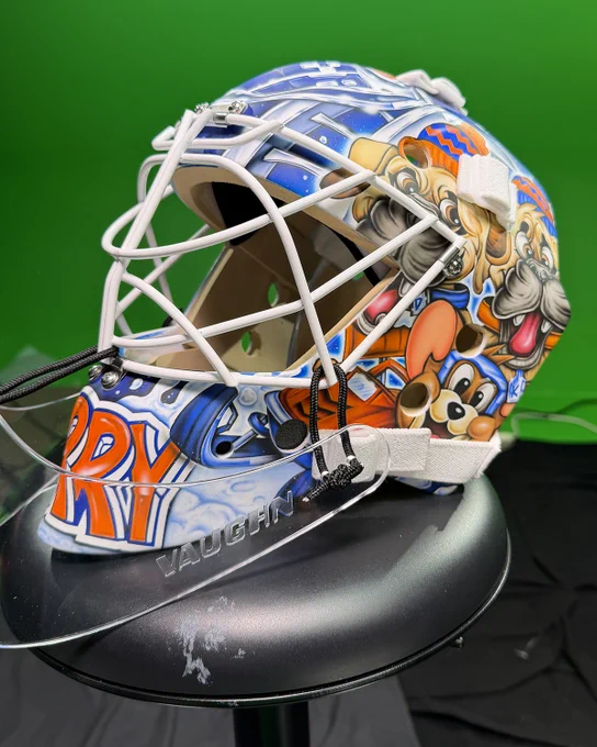 Close-up photo of Tristan Jarry's newly-painted Oilers goalie mask