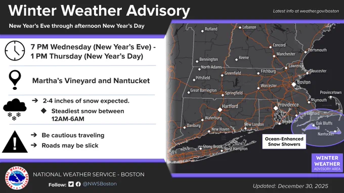 image of winter weather advisory in effect for nantucket and martha's vineyard for new years eve into the first part of new year's day. 