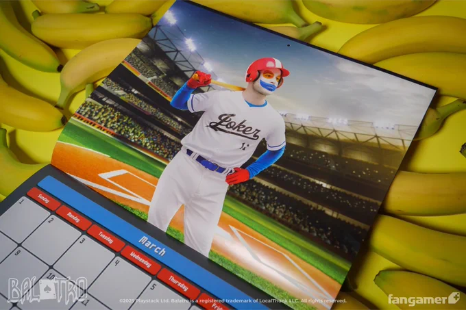 A photo of the March spread, featuring Jimbo in a baseball uniform with Joker written across the front in a classic baseball script. 
