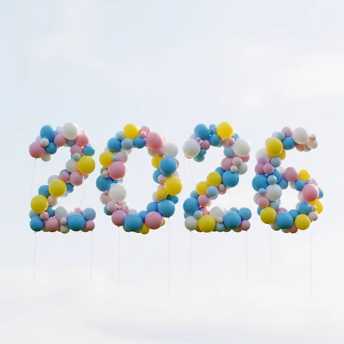 a visual of the number 2026 formed with floating balloons. Each number is shaped by smooth, inflated balloons tied together, gently floating in the air. Use soft natural lighting, clean sky or simple light background, clear depth, calm motion feel. Keep it neat, playful, and suitable for celebration or social design.
