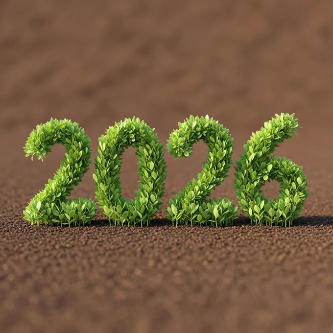 a visual of the number 2026 formed by small green leaves sprouting gently from rich brown soil. The leaves should look fresh and healthy, growing upward to shape each number clearly. Natural light, soft shadows, clean focus. Ground level view, calm mood, organic feel, simple background, suitable for nature themed branding or social design.