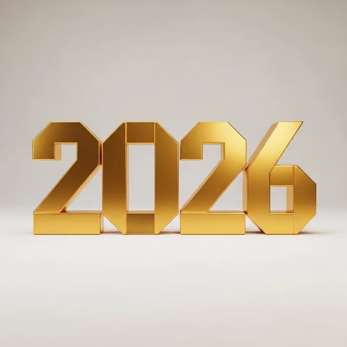 Create a bold visual of the number 2026 in metallic gold, designed with smooth folded surfaces only, no patterns or prints. The folds should look clean and realistic, like polished gold sheets shaped into numbers. Use soft studio lighting to highlight edges and depth, sharp focus, minimal background, premium finish, modern and elegant look suitable for branding or social design.