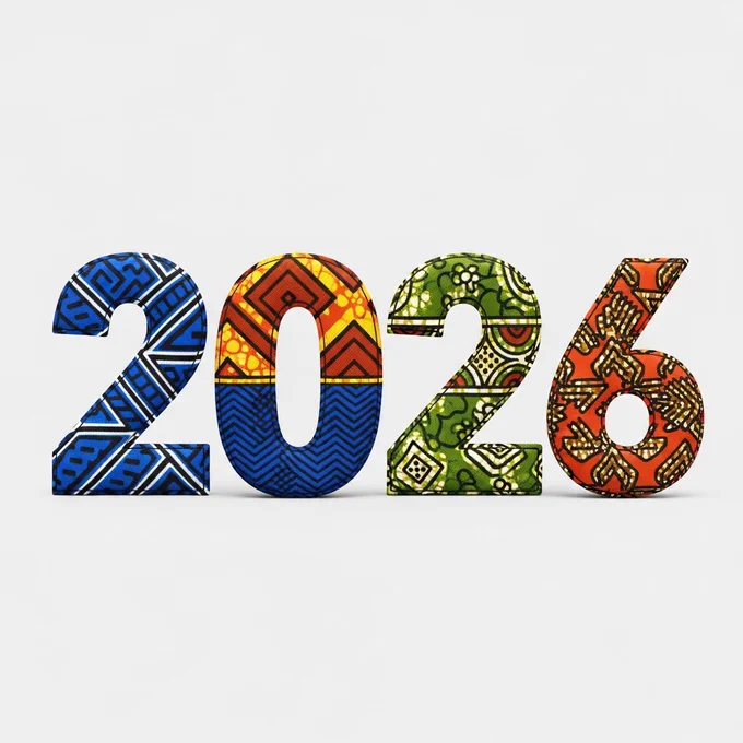 a  bold visual of the number 2026 formed from African print patterns. Use rich Ankara style fabrics with clear geometric and tribal motifs. Strong contrast colors like deep blue, burnt orange, gold, and earthy green. Clean background, soft studio lighting, sharp focus, high detail texture. Modern layout, balanced spacing, premium print look, suitable for branding or social design.