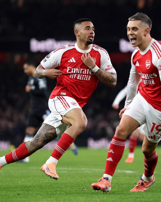 Gabriel Jesus celebrates scoring against Aston Villa.