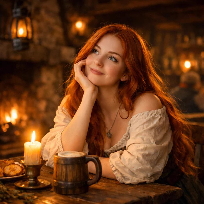 A red-haired girl sitting in an old Tavern deaming of 2 core Hearthstone improvements for 2026: Overhaul of the ranked system and Weekly Meta Adjustments. 