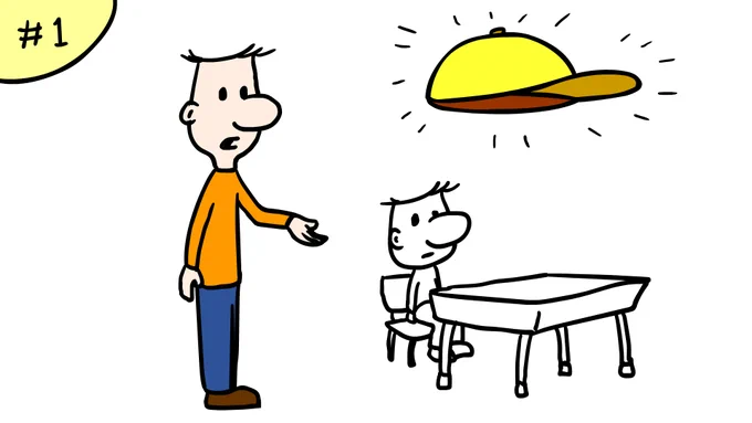 One of my less familiar original characters interacting with a childhood version of himself, who is staring at a floating hat for some reason.