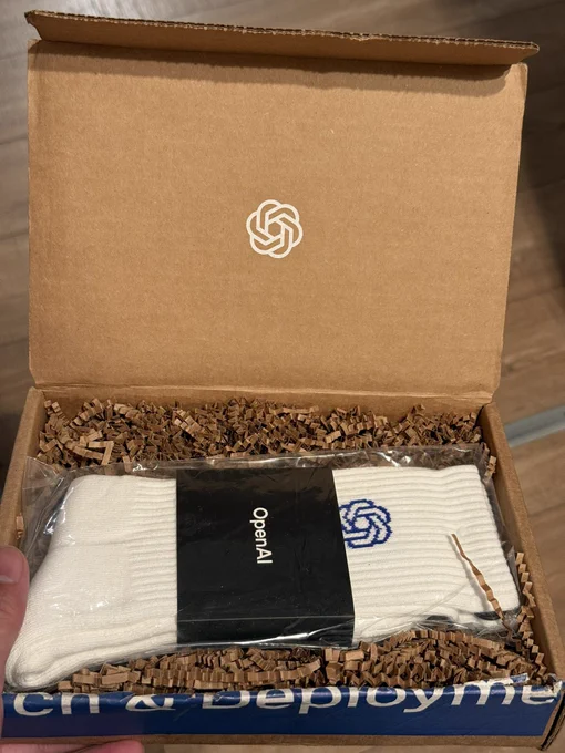 a hand holding an open cardboard box with the OpenAI logo printed on the inside lid. inside, white ribbed socks with the OpenAI logo embroidered in blue sit nestled in brown crinkle paper packing material, with a black “OpenAI” label tucked in front.