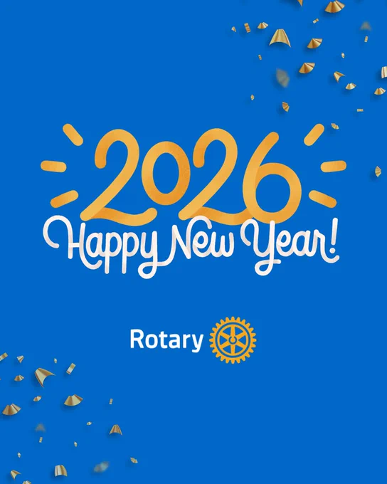 2026 Happy New Year greeting with confetti on a blue background, featuring the Rotary International logo at the bottom.