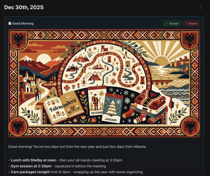 Image of a journaling page in an app. Image is dominated by an illustration in a European style of a journey to Albania. Bullet points describing the user's day are below.