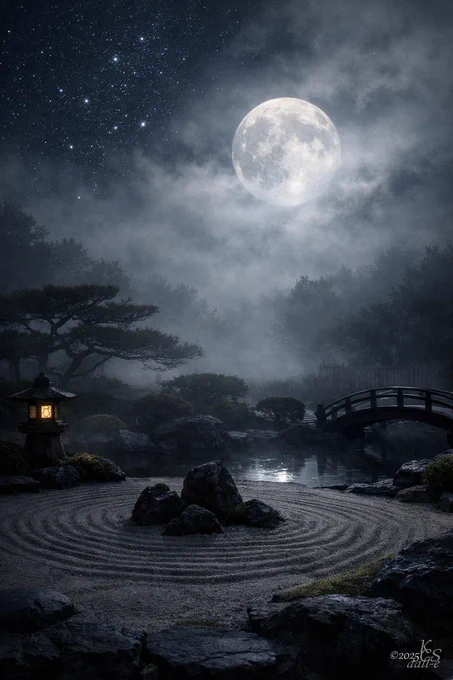 A serene night scene of a Japanese Zen garden under a luminous full moon. Mist drifts softly across the landscape, partially veiling dark silhouettes of trees and shrubs. In the foreground, carefully raked sand forms concentric circles around several stones. To the left, a traditional stone lantern glows warmly through the fog. A small arched wooden bridge spans a still pond that reflects moonlight. Above, the sky opens in clearer patches, revealing scattered stars shining through the mist. Created by Karen Casey-Smith/Dall-E ©2025
