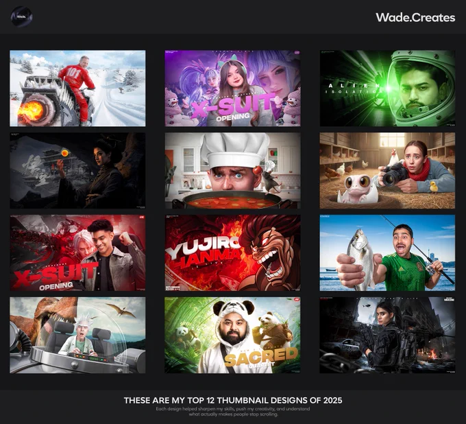 It’s been quite a journey so far.

Here are my Top 12 Thumbnail Designs of 2025. Each one tells its own story — a bit of trial and error, a lot of learning, and gradual progress. This year, I really zeroed in on what makes a thumbnail pop: visual clarity, a sense of story, and how to grab someone’s attention in a split second.

I can’t say enough how much I appreciate every chance I’ve had, every project, and all the feedback that’s pushed me to get better.

Looking ahead to 2026, I’m pumped to keep going. There’s always more to learn, new ideas to try, and ways to make these designs stand out even more. My goal? Keep getting sharper, bolder, and more engaging with every thumbnail.

Thanks to everyone who’s been supporting me so far. Here’s to another year of growth and better designs in 2026.
