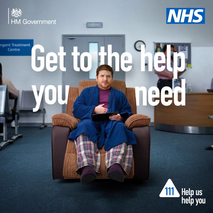 A man sat on an armchair looking unwell. His hand is placed on his tummy while holding an electronic tablet in the other hand. The armchair is placed in the middle of an urgent treatment centre waiting room.

The headline text reads: "Get to the help you need"

The help us help you logo features in the bottom right of the image. The NHS logo features in the top right of the image.