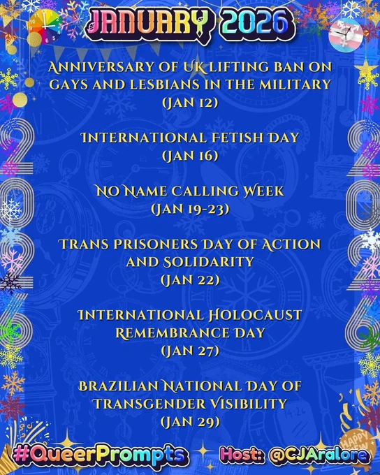 #QueerPrompts Important Queer Dates in January:

Anniversary of UK lifting ban on gays and lesbians in the military (Jan 12)

International Fetish Day (Jan 16)

No Name Calling Week (Jan 19-23)

Trans Prisoners Day of Action and Solidarity (Jan 22)

International Holocaust Remembrance Day (Jan 27)

Brazilian National Day of Transgender Visibility (Jan 29)