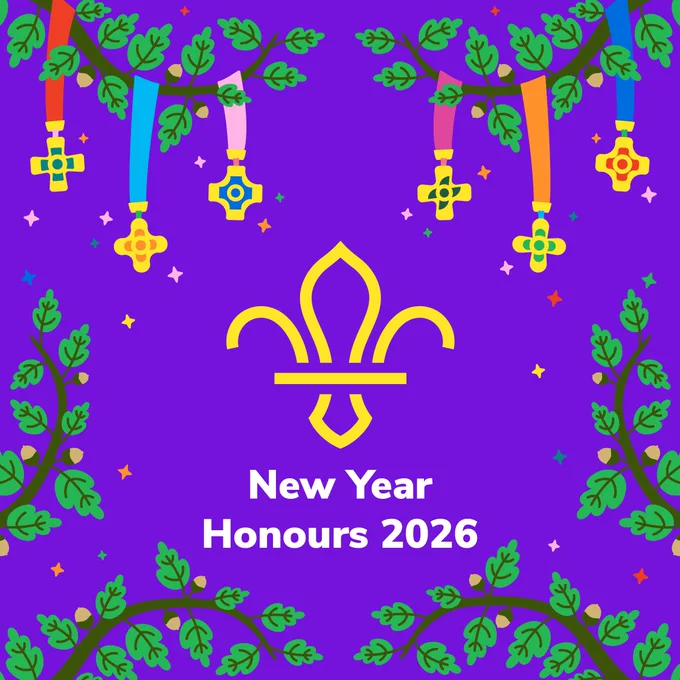 Graphic for New Year Honours 2026 featuring a stylized golden fleur-de-lis symbol centered against a purple background, surrounded by green foliage and hanging medals with ribbons in various colors.