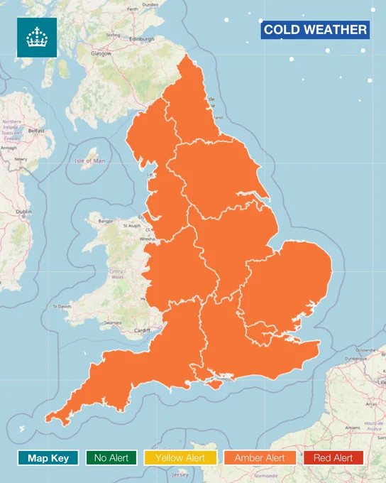 A map of England, where every region is coloured amber.