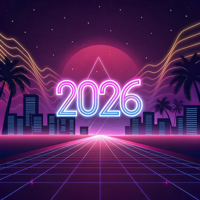 2026 on a cyberpunk background of purples and blues