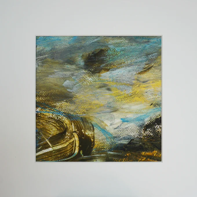 Abstract acrylic painting on paper in blue, ochre and muted yellow tones, with layered brushstrokes and mist-like textures suggesting fluid movement and atmospheric depth.