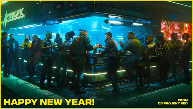 Neon lit bar scene shows several characters from Cyberpunk 2077 chatting in The Afterlife. From left to right, River Ward and Takemaru stand chatting. Rogue stands with her back to them, talking to Johnny Silverhand as he sits on the bar smoking a cigarette next to Kerry Eurodyne, who chats with Panam Palmer. Jackie Wells stands at the corner of the bar, his back to the camera, as he chats with V next to him. Next, Solomon Reed sits at the bar with So Mi Song, while Evelyn Parker stands chatting with Judy Álvarez next to them. Saul stands to their right in front of large red screens. Large text reads at the bottom left: "Happy New Year!" On the right, smaller text reads: "From CD Projekt Red".