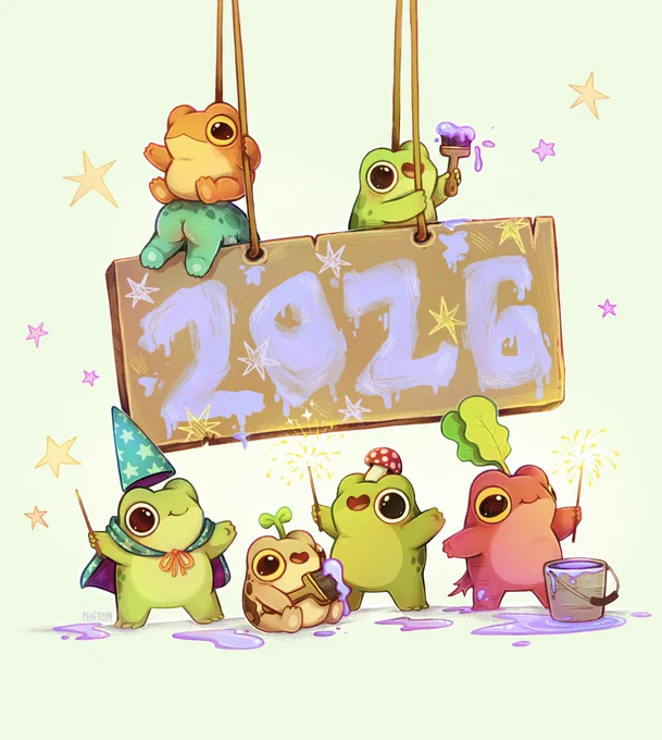 adorable whimsical illustration of tiny frogs celebrating new year happy new year art by chetom