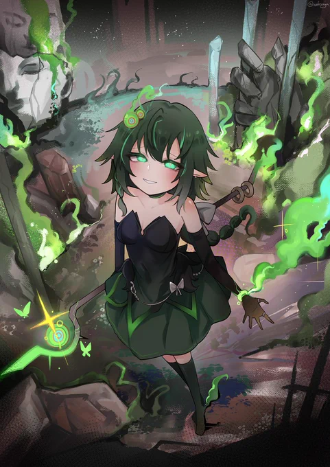 A green magical girl, a smile on her face and a staff in her hand, standing amongst a smoldering crater. Artwork by WIFISAGA on Pixiv