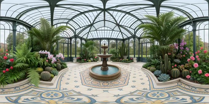 Tranquil greenhouse generated using Blockade Labs Skybox AI