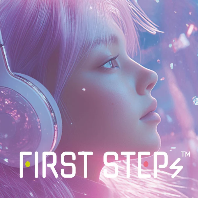 [ja] ラジオ番組 FIRST STEPs のプロモーションビジュアル。ヘッドフォンをつけたピンク色の髪のキャラクター。顔の右側をこちらに向けて微笑んでいる。画像の下部には番組名の文字。イラストはFrenzyBeachがAIと手描きを組み合わせて制作。

[en] Promotional visual for the radio programme FIRST STEPs. A pink-haired character wearing headphones, turning the right side of their face toward the viewer and smiling. The programme title appears at the bottom of the image. Illustration created by FrenzyBeach with a mix of AI and hand-drawing.