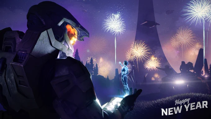 Master Chief and Joy looking at fireworks over the ring.