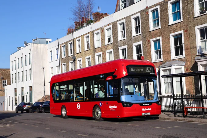 Metroline WSE2935 (LV74CCE) is a red Wright GB Kite Electroliner and is pictured in Highbury as it headed to Barbican on route 153.