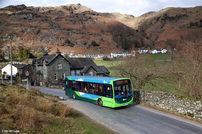 A trip to the Lake District and Stagecoach Cumbria 36106 (MX59JCV), a two-tone green Alexander Dennis Enviro200 is pictured at Chapel Steele while on route 516 to Ambleside. 