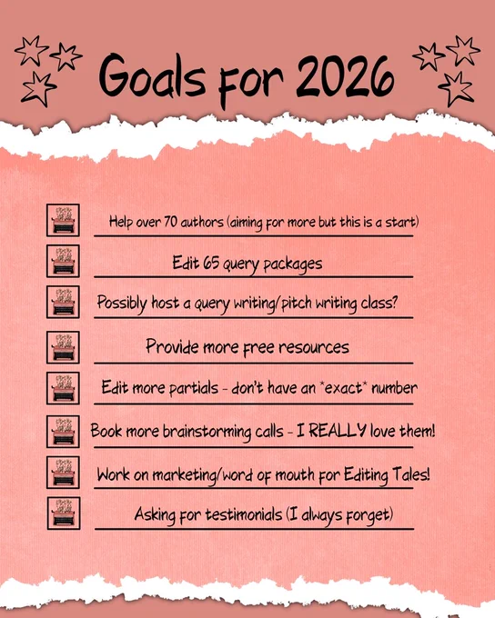 Background is a rosy mauve pink and the ripped paper over it is a rosy pink.

Image to the top left and right is of doodled stars. The text in the center reads: Goals for 2026

Image on the left of check list of the Editing Tales logo: a typewriter with wildflowers sticking out of it and the words Editing Tales where the ribbon would go. To the left of the image the text reads ESTD, the right it reads 2024.

- Help over 70 authors (aiming for more but this is a start)
- Edit 65 query packages
- Possibly host a query writing/pitch writing class?
- Provide more free resources
- Edit more partials - don't have an "exact" number
- Book more brainstorming calls - I REALLY love them!
- Work on marketing/work of mouth for Editing Tales!
- Asking for testimonials (I always forget)