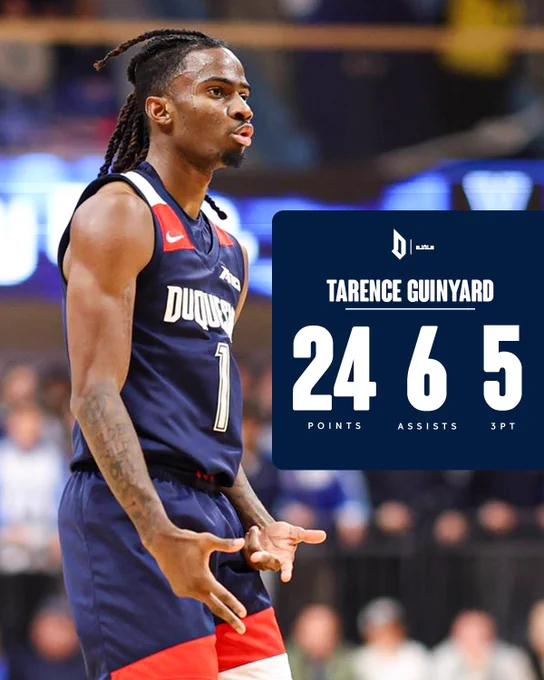 Tarence Guinyard celebrating. Text that reads 24 points. 6 assists. 5 3PT