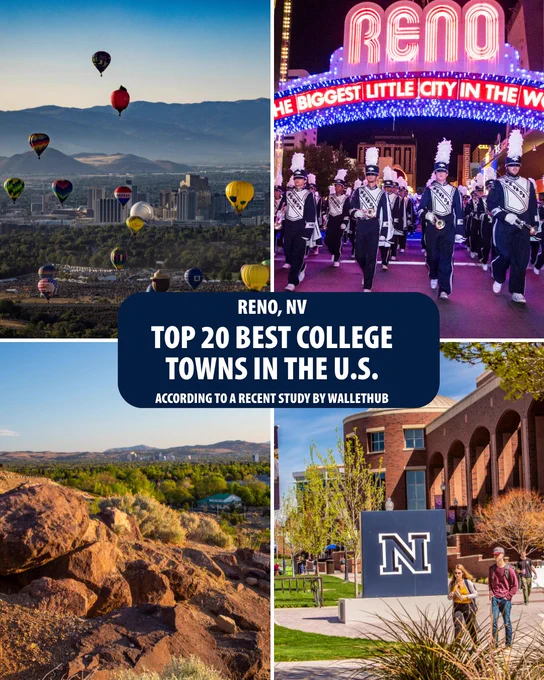 Collage of four images featuring Reno, NV, including hot air balloons over the city, the neon-lit 'Biggest Little City in the World' arch, a group of marching band members, and students walking near a university building with an 'N' logo.