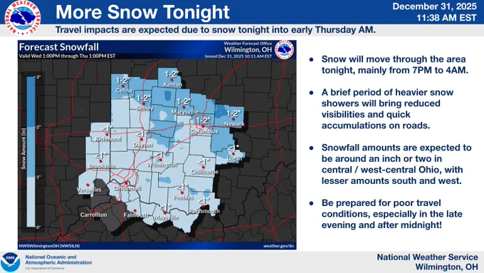 A map showing forecast snowfall accumulations tonight through Thursday morning, with around 1-2 inches in central Ohio, and less than an inch elsewhere.