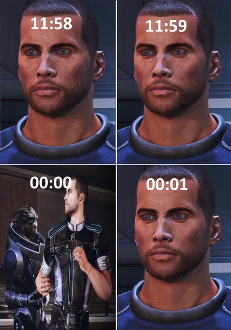 An image of Commander Shepard completely serious before and after midnight but doing the Shepard shuffle dance at 12am. 