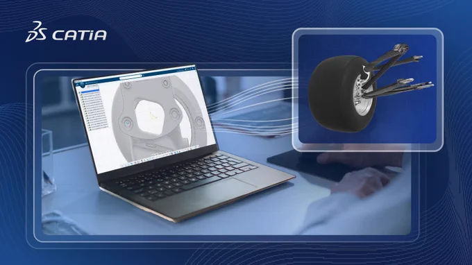 A promotional graphic featuring the Dassault Systèmes CATIA software displayed on a laptop screen with an engineering design of a brake assembly. A secondary image shows a detailed 3D model of the brake mechanism.