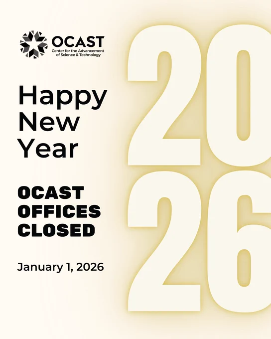 OCAST will be closed for the New Year holiday. Our offices will be closed January 1 and will reopen on January 2. We look forward to serving you in 2026. Have a safe and happy New Year.
