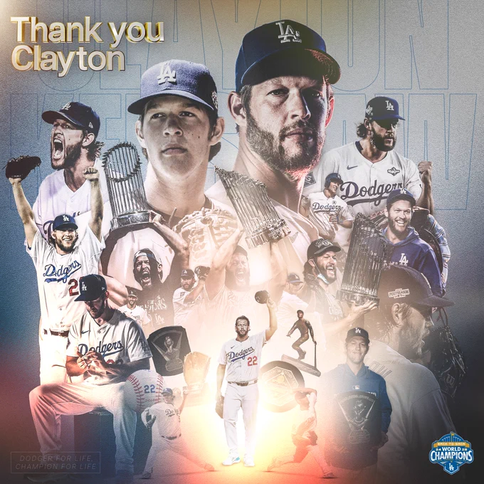 A graphic thanking Clayton Kershaw for 18 years with the Dodgers. Included are cutouts of him throughout his career as well as awards that he won, such as the Cy Young Award and World Series Trophy.