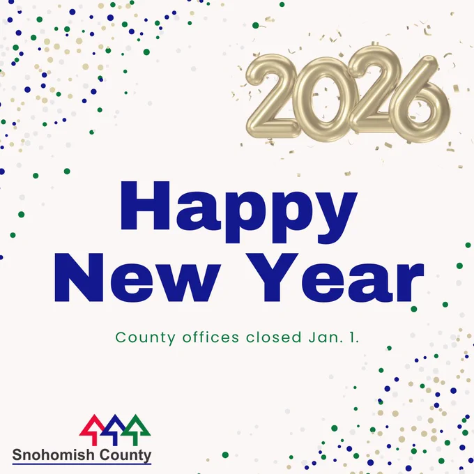Glitter background with image of balloons shaped like the number "2026" and text that says "Happy New Year. County offices closed Jan. 1"