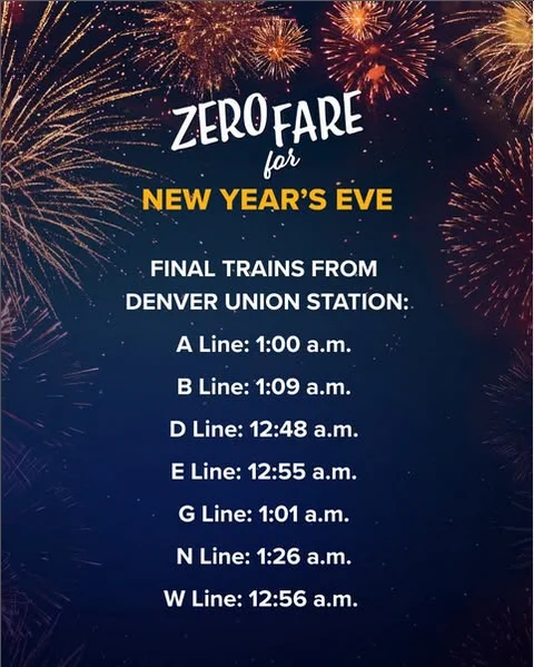 Final Trains from Denver Union Station:
A Line: 1:00 a.m.
B Line: 1:09 a.m.
D Line: 12:48 a.m.
E Line: 12:55 a.m.
G Line: 1:01 a.m.
N Line: 1:26 a.m.
W Line: 12:56 a.m.