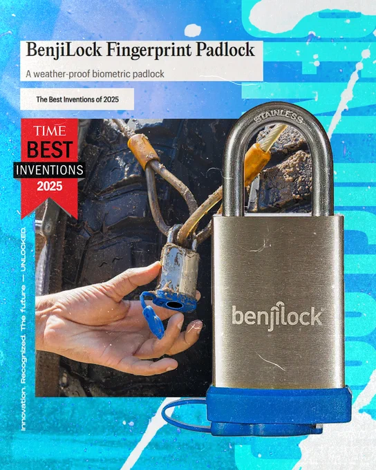 BenjiLock fingerprint padlock shown outdoors in use, alongside its TIME Best Inventions of 2025 award.