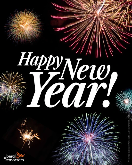 A "Happy New Year!" graphic featuring colourful fireworks and a sparkler against a black background. The text "Happy New Year!" is in large white script with the Liberal Democrats logo at the bottom.