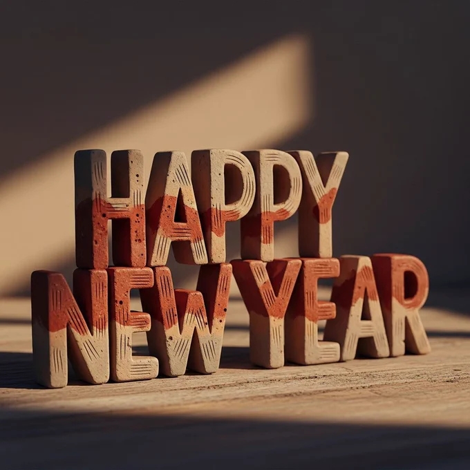 Happy New Year formed using clay texture and red soil, inspired by African pottery, warm natural tones, soft shadows, calm mood.