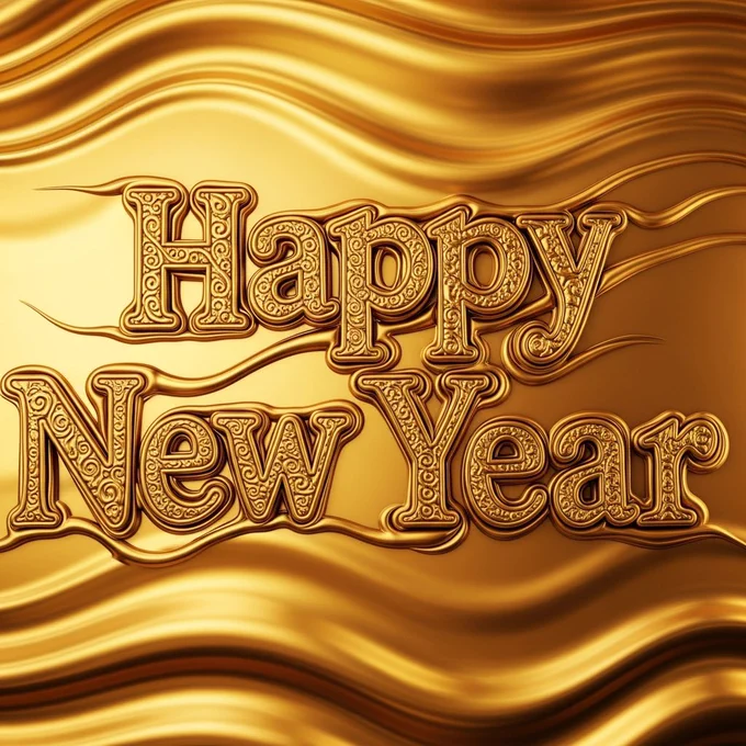 Happy New Year shaped from flowing liquid gold, inspired by African craft forms, smooth motion, warm tones, clean background, high realism.