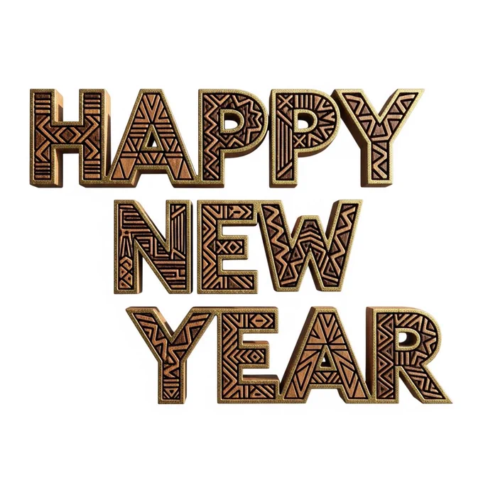 Happy New Year written with carved wood letters, subtle gold dust on the edges, earthy brown tones, African craft feel, soft daylight, clean background.