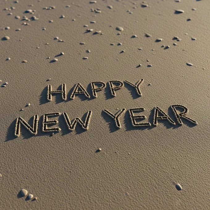 Happy New Year written directly on smooth sand, natural hand-drawn lettering, soft shadows, calm tone, neutral earthy color, gentle lighting, minimal look, realistic texture, peaceful mood, high detail.