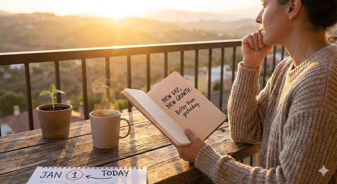 A serene, golden-hour photo of a person sitting on a wooden balcony at sunrise, overlooking a scenic valley. They are holding a journal that reads, "NEW DAY, NEW GROWTH. Better than yesterday." On the table sits a steaming mug of coffee, a small green sapling in a pot, and a calendar page where an arrow points away from "JAN 1" toward the word "TODAY," emphasizing daily growth over yearly resolutions.