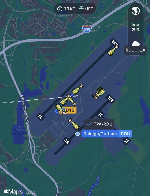 A screenshot of RDU airport with planes showing as champaign bottles