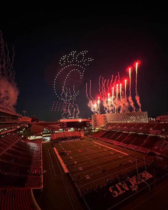 C-Paw and fireworks display at Nippert Stadium at night.
